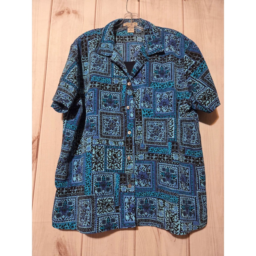 Notations Women's XL Blue Geometric Print Short Sleeve Button Up Shirt Top